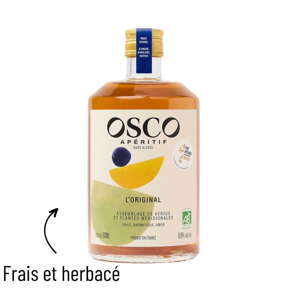 OSCO L'Original bio - apéritif sans alcool bio et fabriqué en France. Régalez-vous de cocktails sans alcool riches en saveurs. Ses notes fraîches et aromatiques vont régaler vos papilles, même sans alcool.