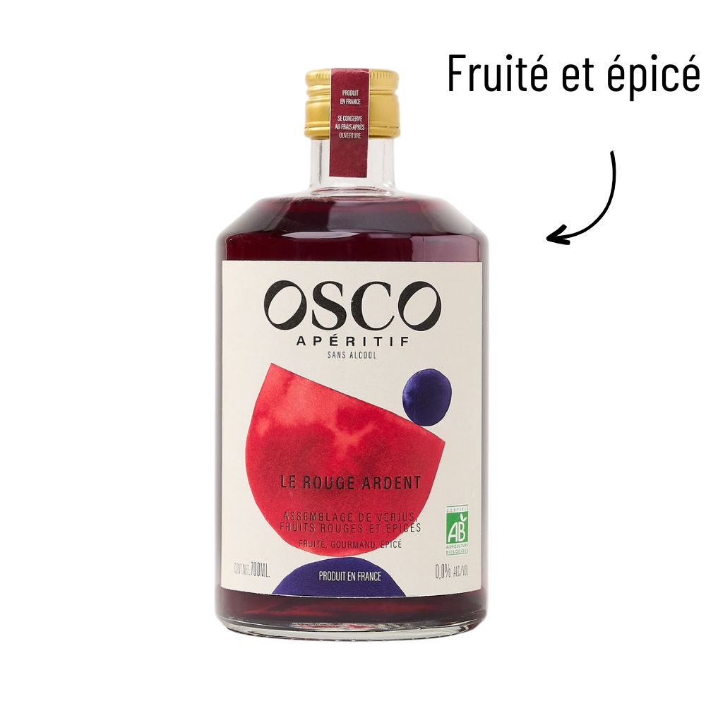 OSCO Le Rouge Ardent bio - apéritif sans alcool bio et fabriqué en France. Régalez-vous de cocktails sans alcool riches en saveurs. Ses notes fruitées et épicées permettent de servir des cocktails sans alcool délicieux.