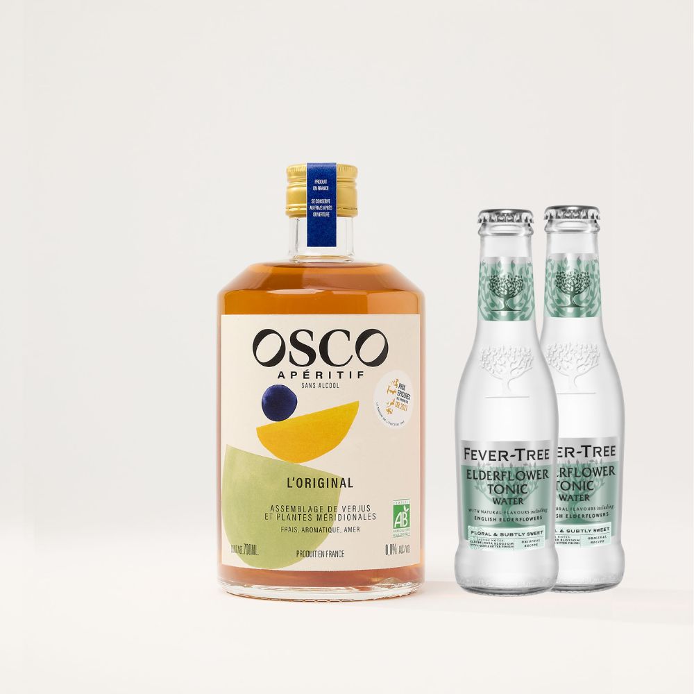 Kit cocktail sans alcool à offrir en cadeau : OSCO L'Original bio & sodas fleur de sureau - recette cocktail sans alcool gourmand et floral.